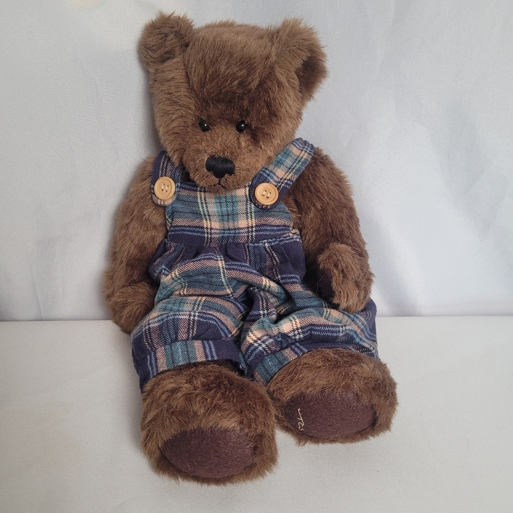 Ganz Cottage Collectibles 15" Bear Plush Plaid Overalls Vintage 1996